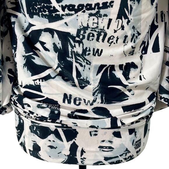 Vintage Y2K Gold Flava Slinky Newspaper Print Batwing Top Black White Size Small - Picture 4 of 8